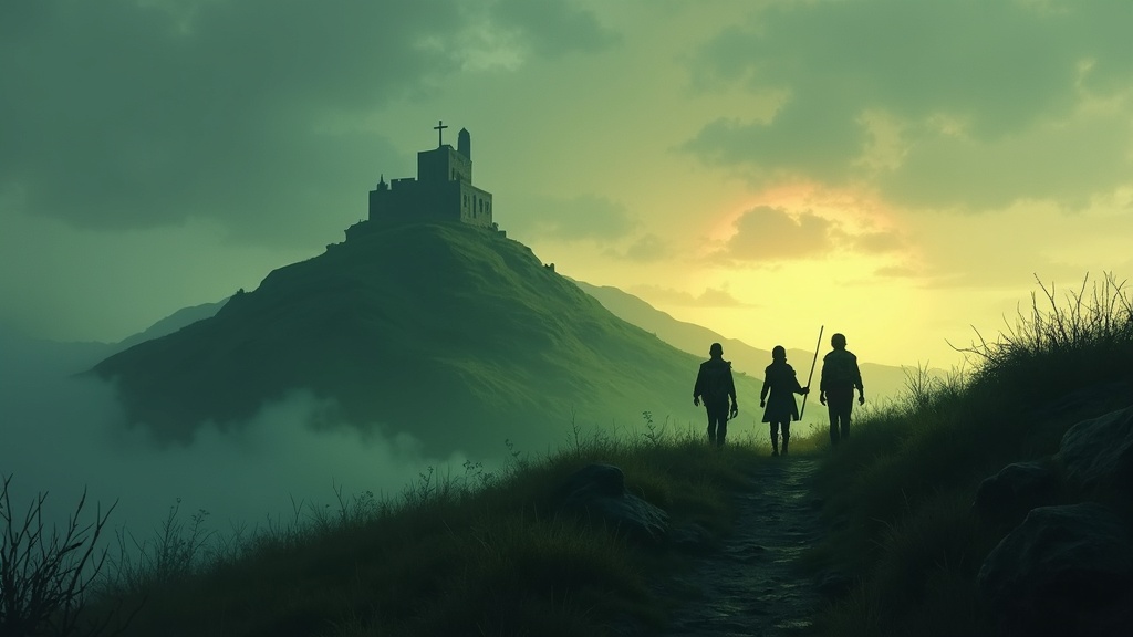 Three silhouetted adventurers approaching a distant green hill with a low stone door, vast evening sky