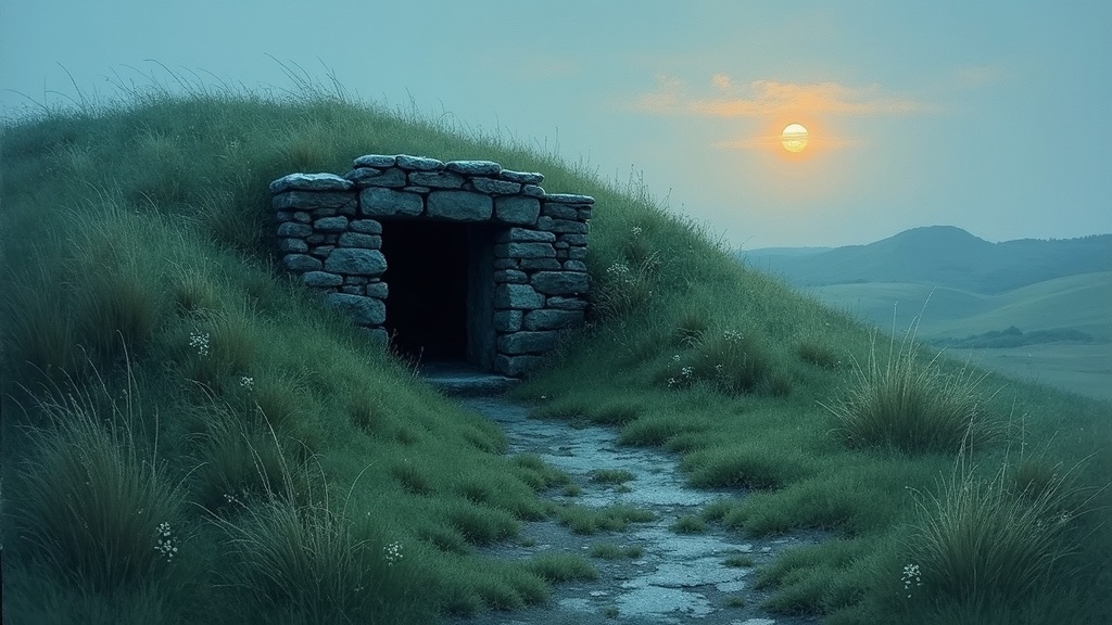 A low stone door set into a green hummock, frost on the lintel, summer grass moving in the field beyond