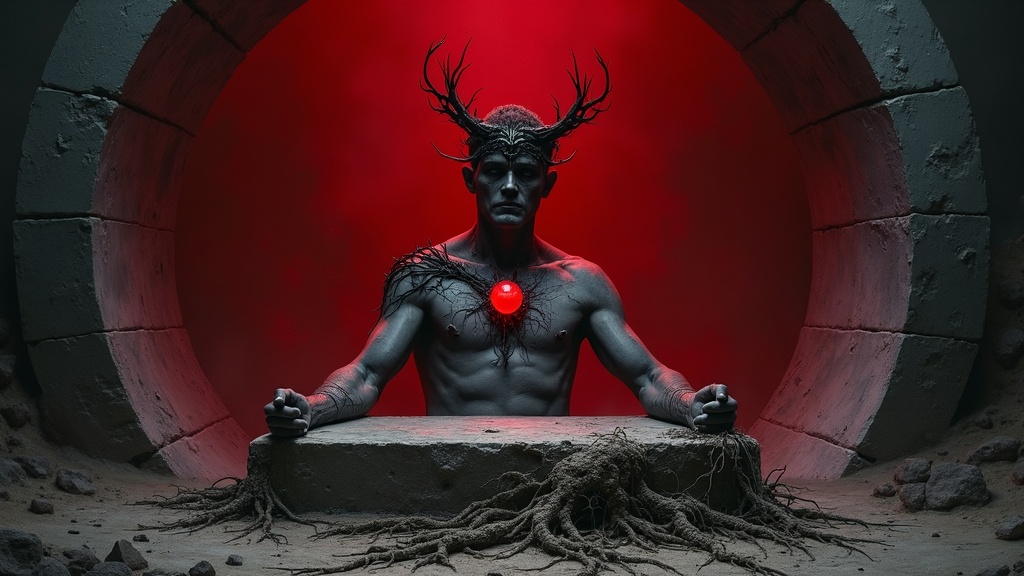 A round stone burial chamber lit deep red, an ash-skinned figure with crown of dark iron half-rising from a stone slab, living roots crawling