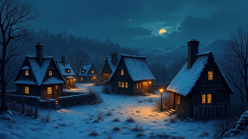 A small medieval village at night, every window lit warm amber, snow-touched rooftops, peaceful after danger